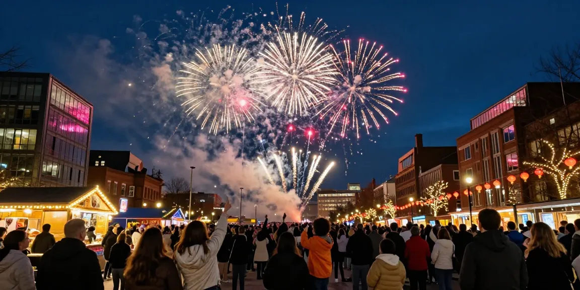 Manchester fireworks illuminating the skyline, creating a festive atmosphere with crowds celebrating.