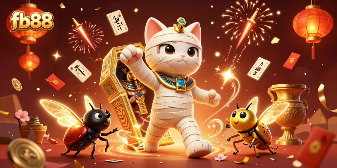 Engage with fb88's exciting online casino, featuring animated characters and vibrant gaming elements in a festive atmosphere.