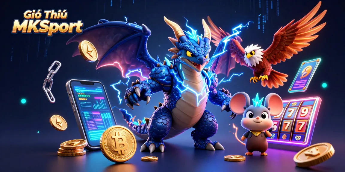 Giới Thiệu MKSport showcases a vibrant 3D illustration of a thunder dragon and gaming elements, capturing casino excitement.