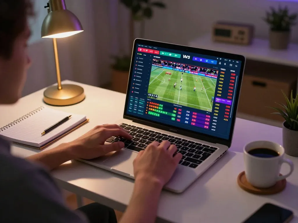 Person using keobongda for live sports betting on laptop, creating strategic insights.