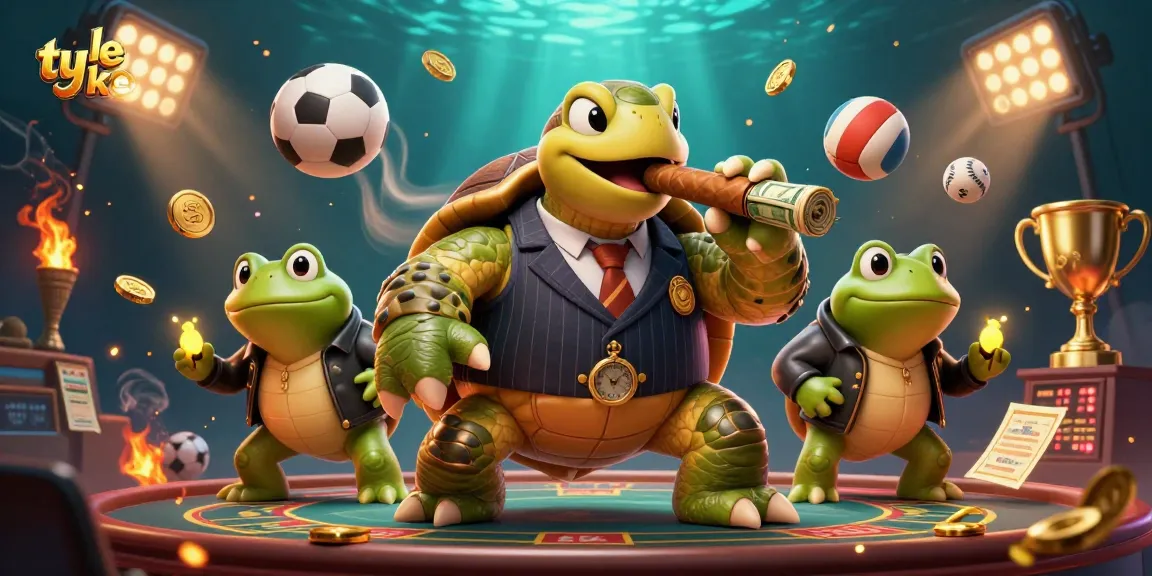 Engage with the ty le keo betting scene featuring a cartoon snapping turtle in a mobster suit with bet slips, sports balls, and trophy lights.