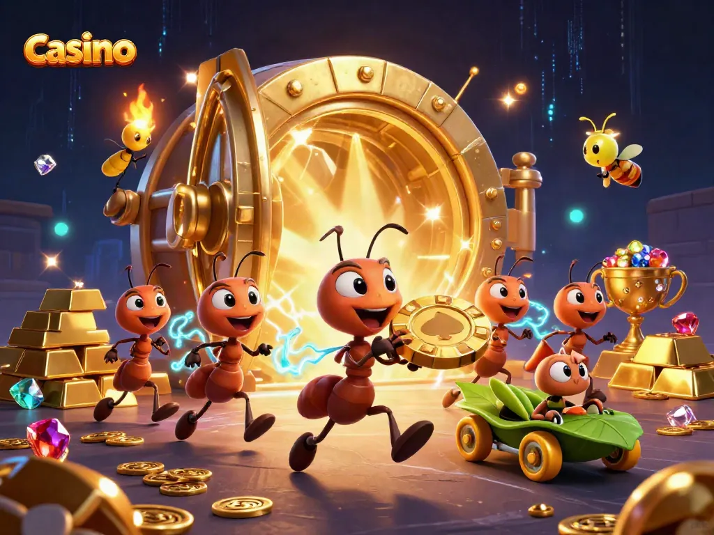 Engaging casino heist scene featuring cartoon ants and gold elements, delivering immersive gaming excitement.