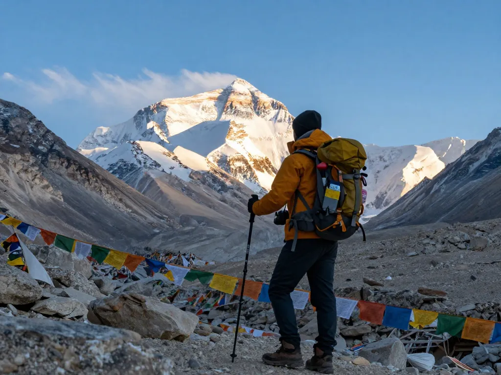 Everest Base Camp Trek with Helicopter Return at sunrise, traveler celebrating the journey with stunning mountain backdrop.