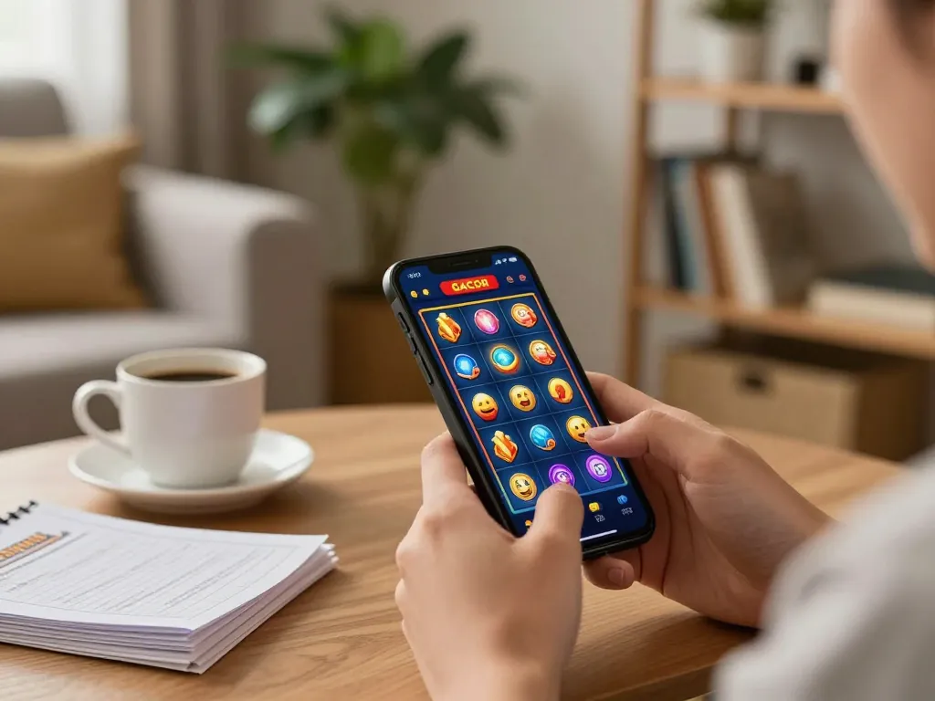 Enjoying a slot gacor game on a smartphone with colorful graphics in a cozy home environment
