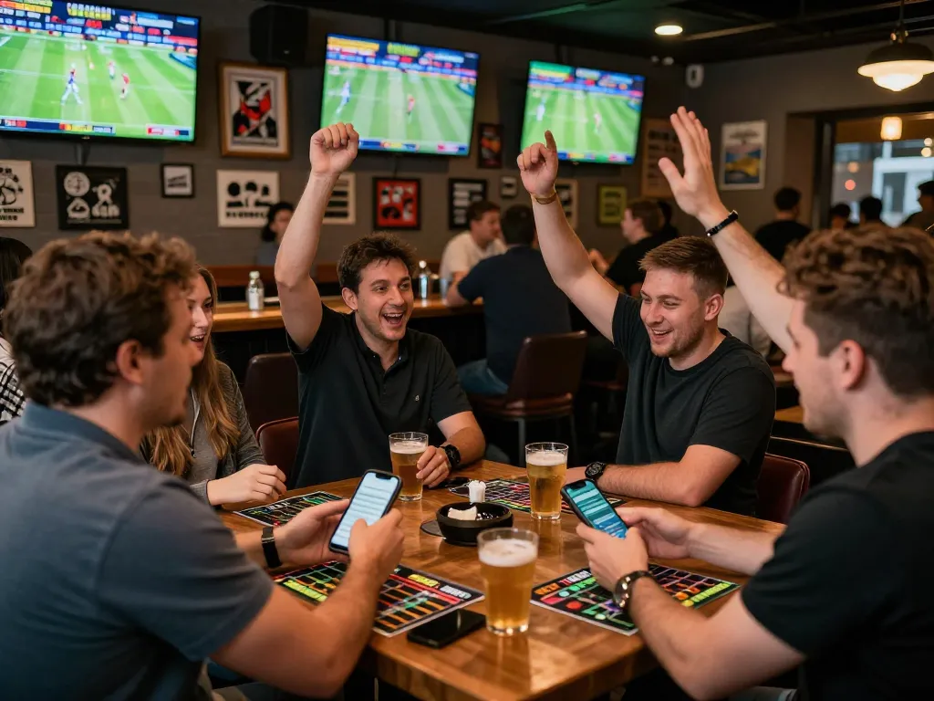 Excited patrons placing bets at a sports betting bar while discussing strategies via mobile apps and sharing drinks.