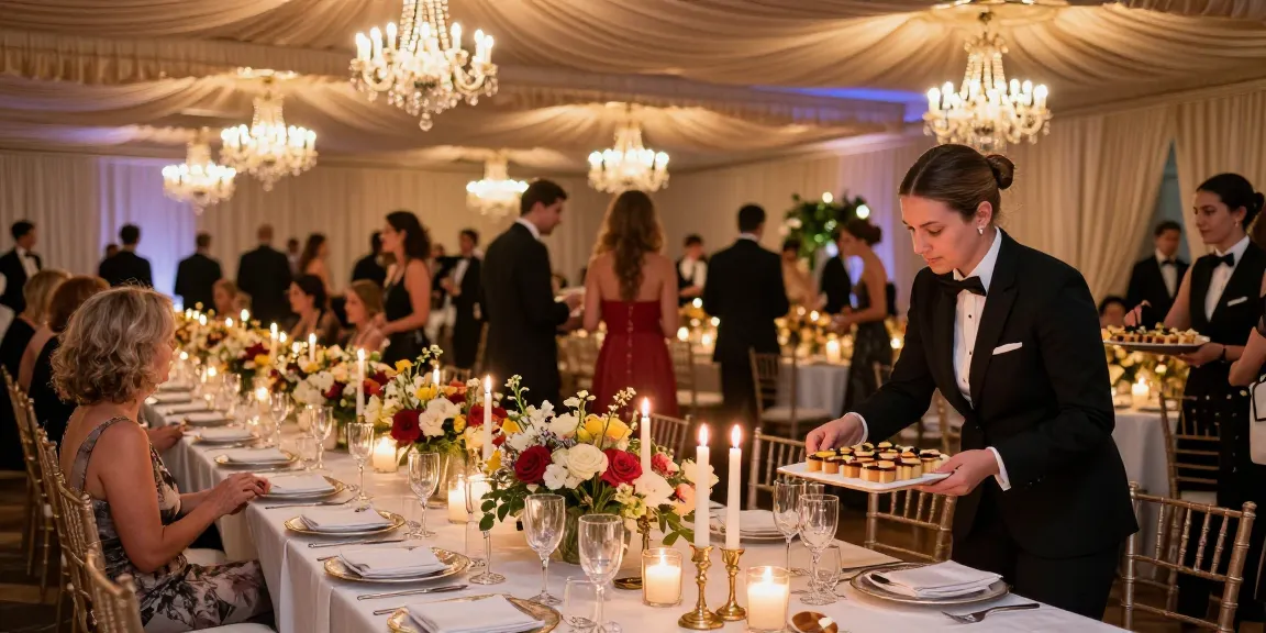 Event furniture rental showcased in a luxurious gala setting with elegant dining arrangements and ambient lighting.