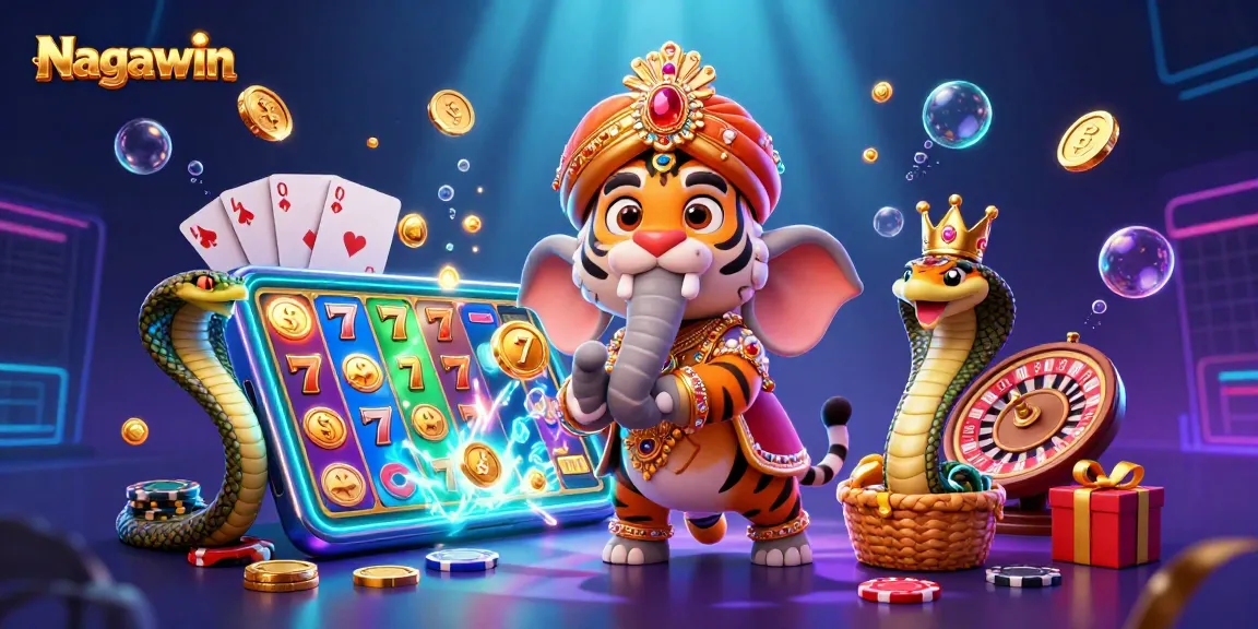 Play slots and win big with Nagawin, featuring a vibrant 3D illustrated maharaja and slot game elements.
