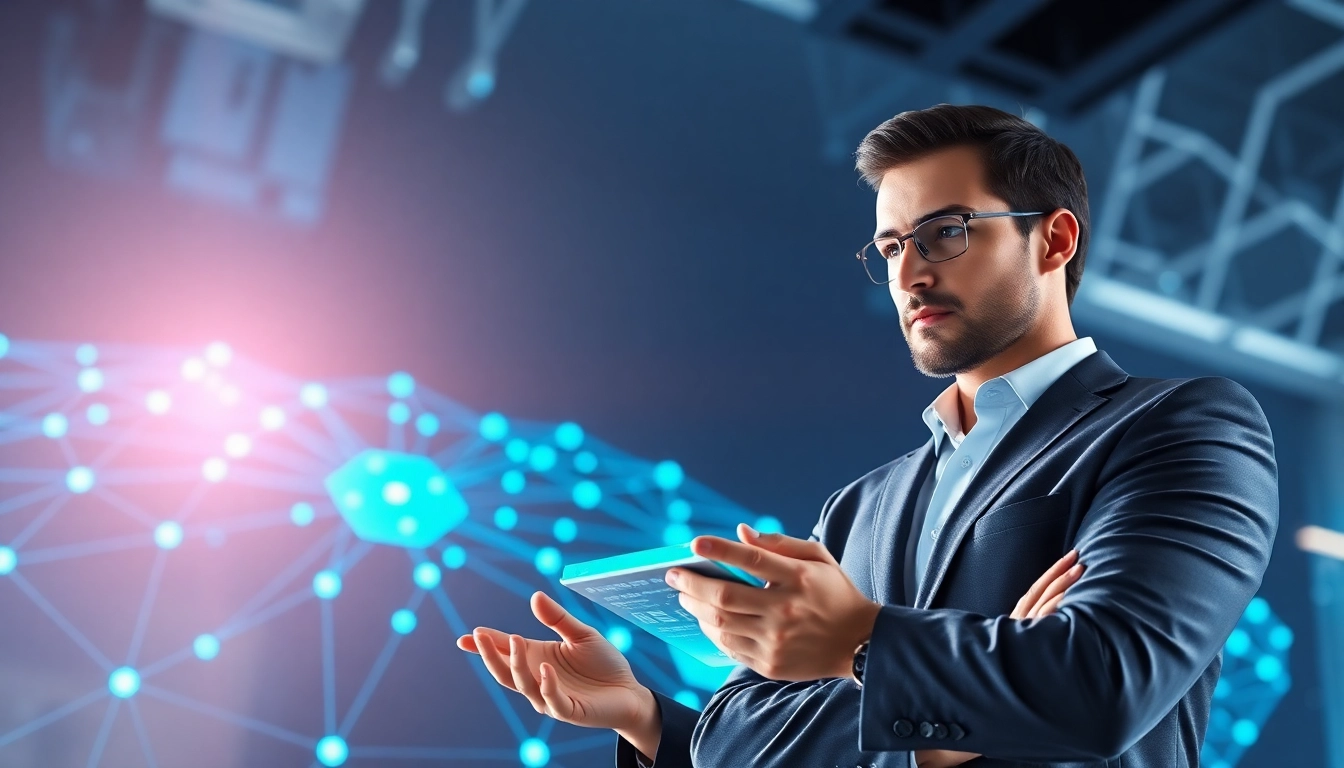 EORMC blockchain development illustrated with vibrant 3D networks and a professional analyzing data.