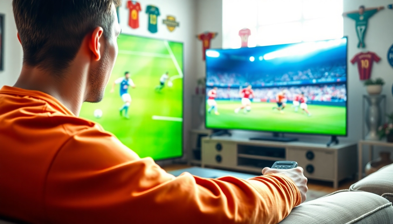 Menyaksikan bolakami pertandingan sepak bola dengan antusias di ruang tamu nyaman.