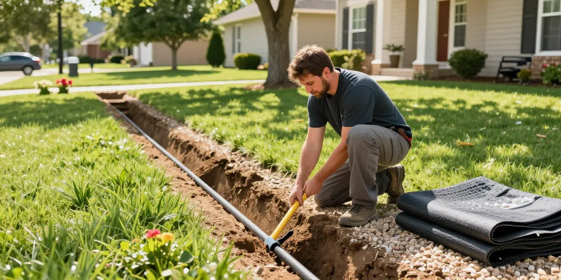 Expert drainage services in Springtown, TX, with a technician installing a French drain in a vibrant residential yard.