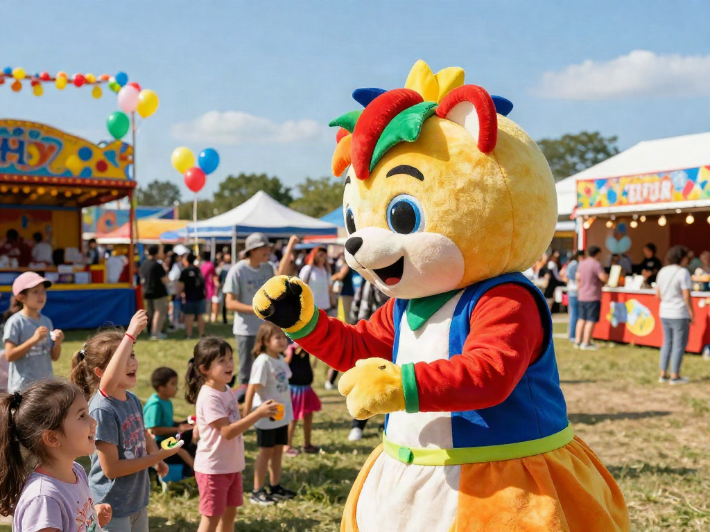 Excited audience at a festival interacting with vibrant mascot costumes uk, showcasing quality and creativity.