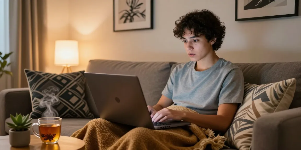 Engaging in a porn chat ai conversation on a cozy sofa, showcasing an inviting digital interaction.