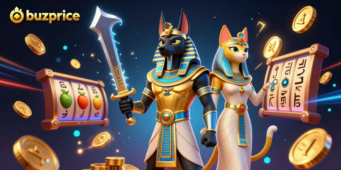 buzprice delivers thrilling jackpot action with Anubis and Bastet cartoon characters in a vibrant casino scene.