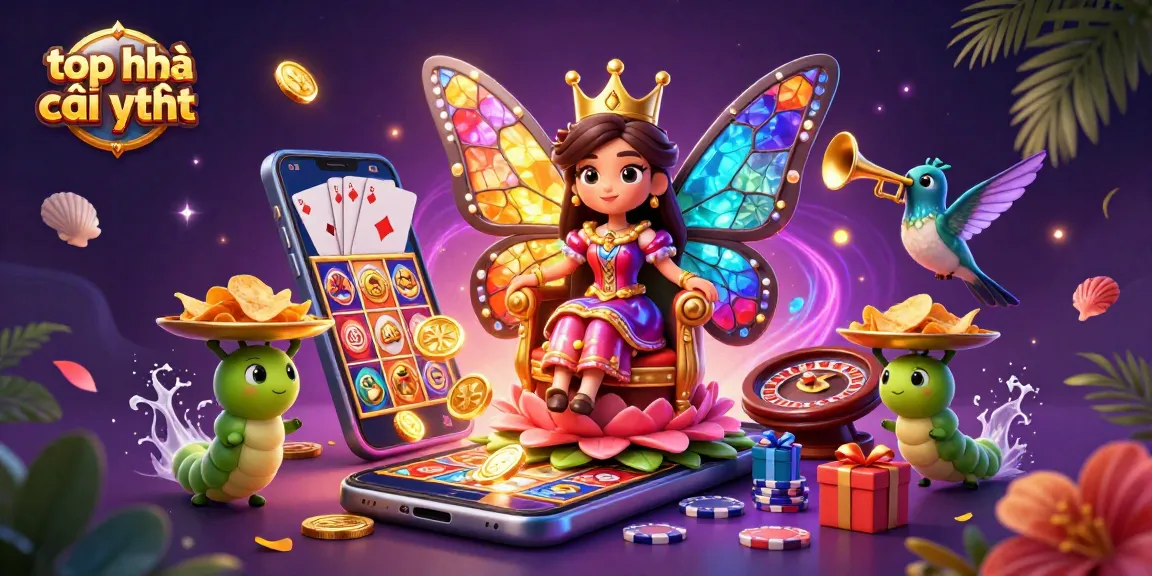Engage with top nhà cái uy tín featuring a butterfly queen and casino elements in a vibrant scene.