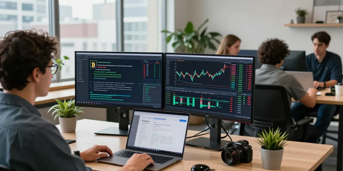 bitcoin mining contract analysis in a modern tech workspace with cryptocurrency trading screens and collaboration.