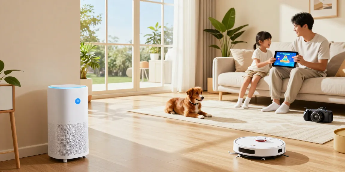 Family enjoying modern smart home gadgets like smart lighting, voice assistant, and robot vacuum in a bright living room.