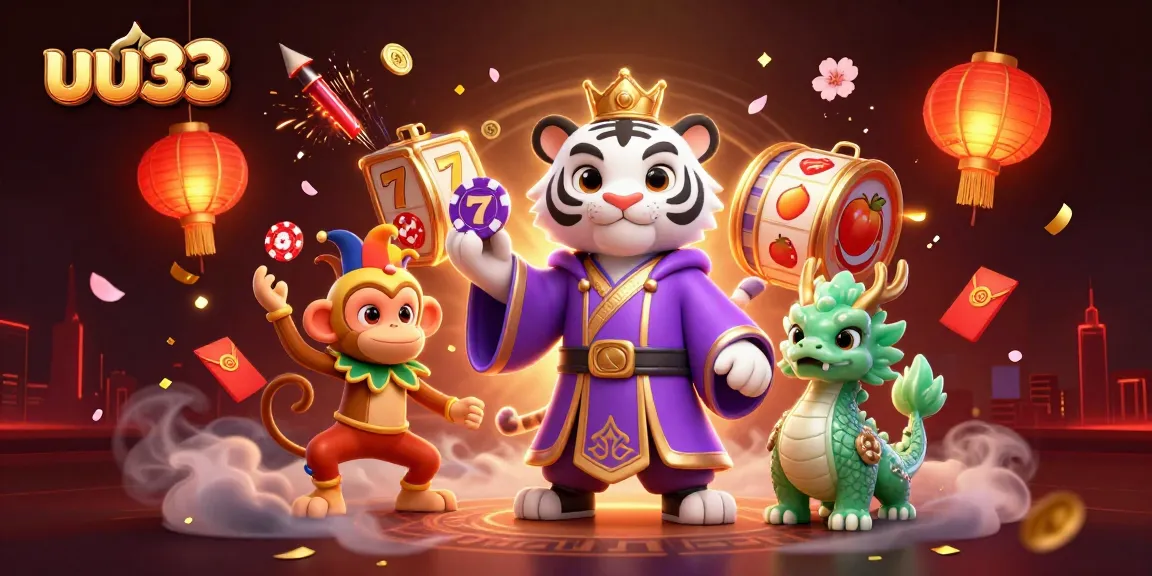 Experience thrilling gameplay with uu33 featuring a vibrant scene of a white tiger, monkey, and jade dragon.