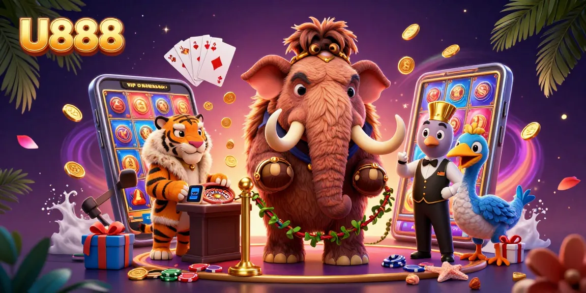 Engage with U888's vibrant online casino experience featuring festive characters and games.