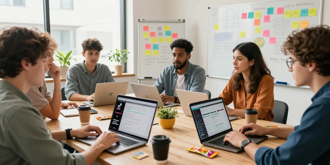 Content creators collaborating on strategies for using a legit TikTok follower service in a dynamic workspace.