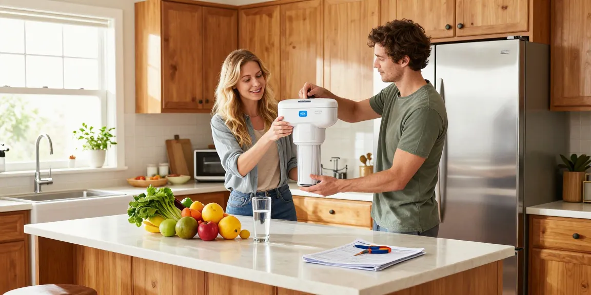 Homeowner replacing the Maxblue ADQ73613401 Refrigerator Water Filter in a brightly lit kitchen filled with fresh produce.