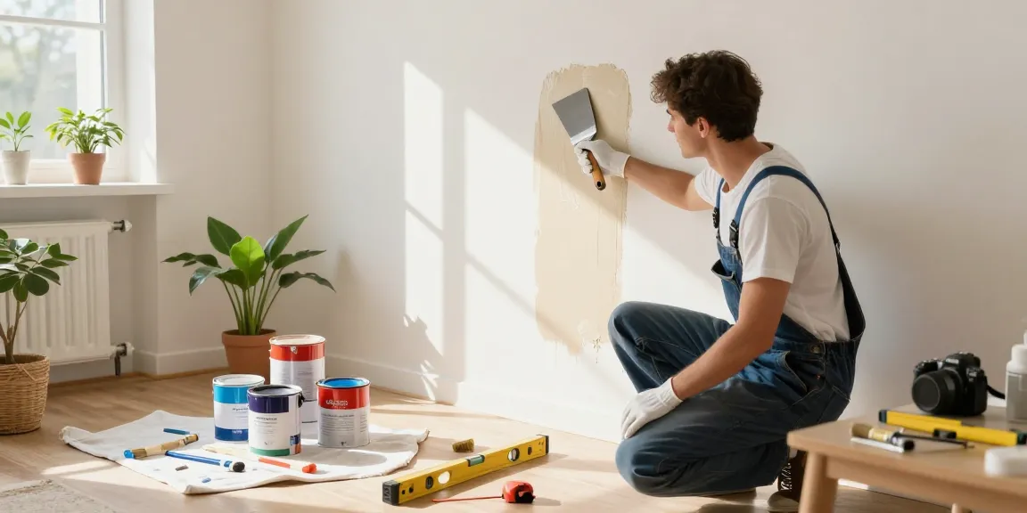 Applying a one-pound pack of wall putty costs $3 in a bright living room during a DIY project.