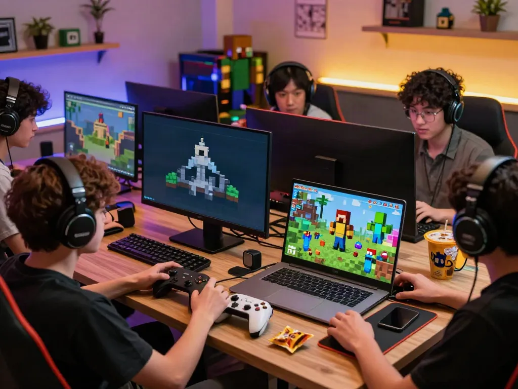 Players engaging in the Best Minecraft servers, showcasing teamwork and creativity in a vibrant gaming setup.