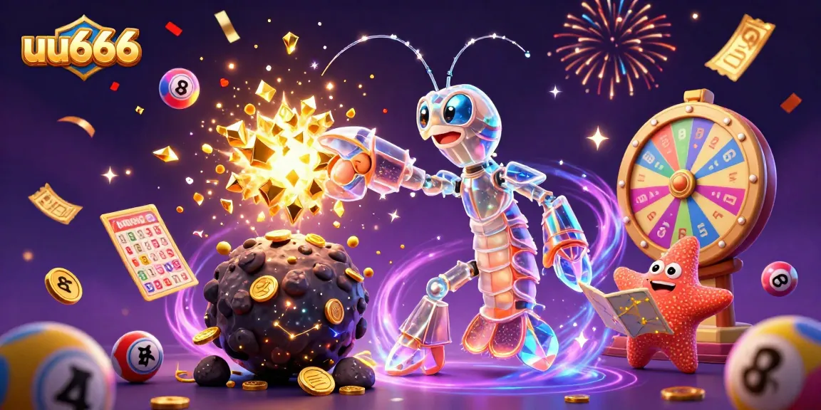Engage with uu666 as the galactic mantis shrimp conquers an asteroid amidst a vibrant casino scene.