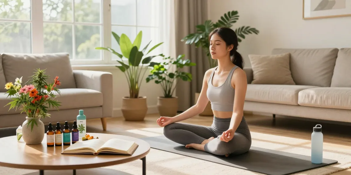 Natural wellness scene with thc vape juice and CBD oil in serene yoga practice, promoting holistic health.