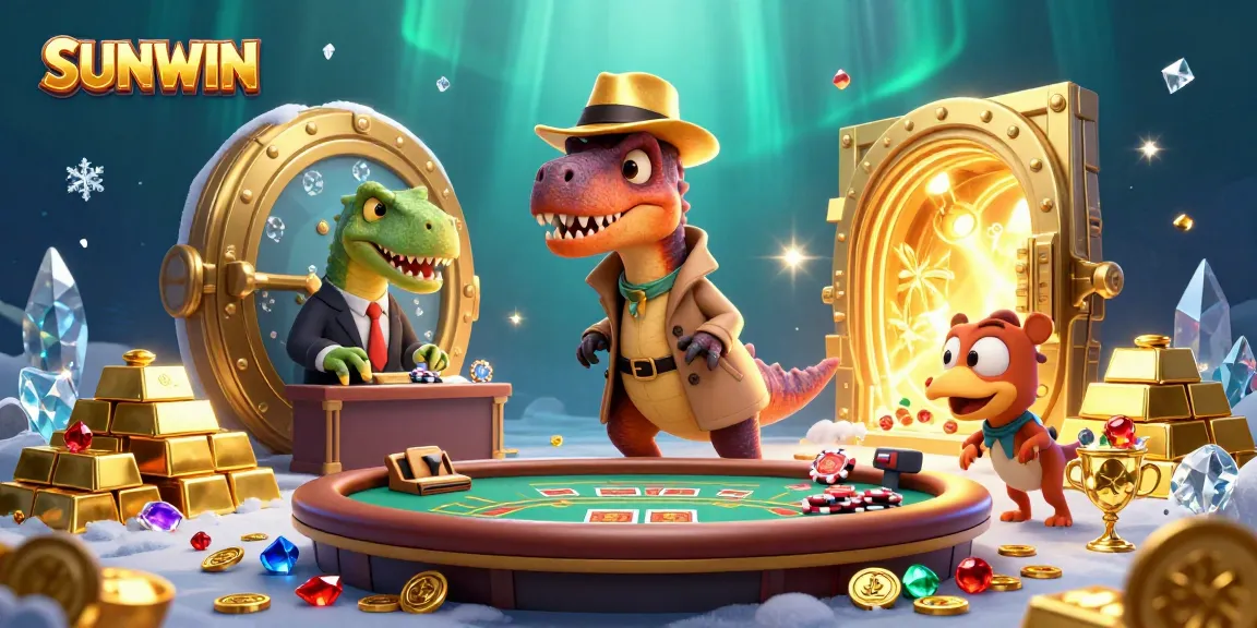 SUNWIN's thrilling blackjack scene features a clever velociraptor card counter amidst gleaming golden treasures.