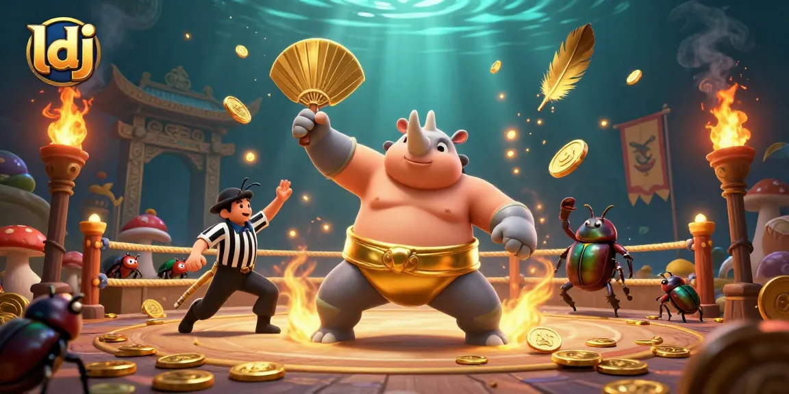 Unleash your luck at ldj with a majestic sumo beetle champion stomping golden coins in a vibrant casino scene.