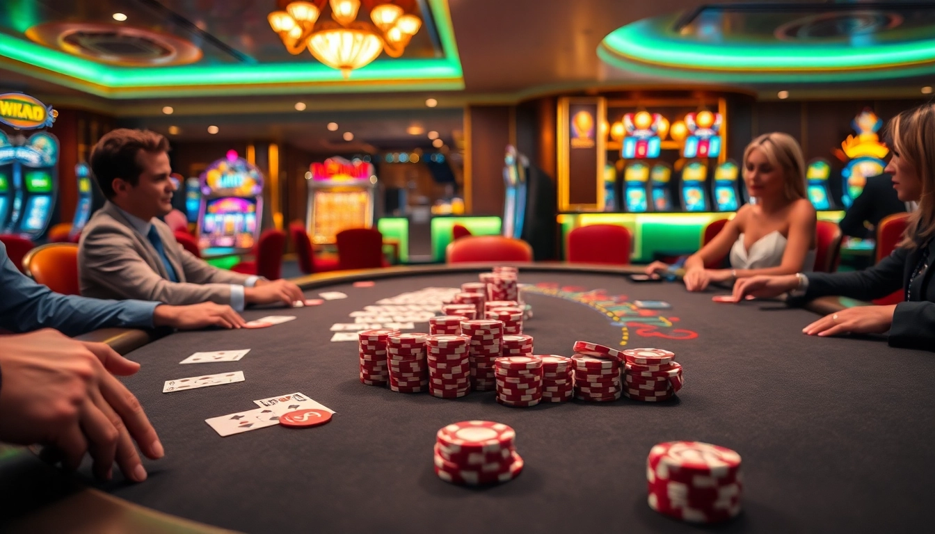 Permainan kasino oja89 yang dinamis dengan pemain dan meja poker yang mewah.