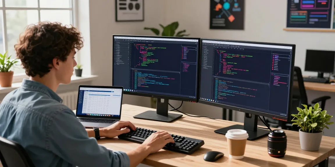 Developer coding on dual monitors in a modern workspace showcasing 纸飞机中文版 application features.