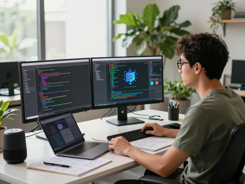Dynamic tech workspace featuring a developer using an image to prompt ai tool on dual monitors.