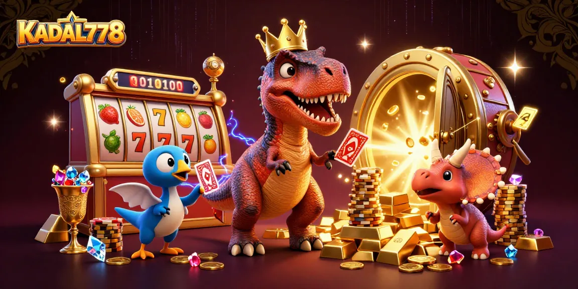 KADAL778 slots scene with T-Rex, pterodactyl, and triceratops amid vibrant gaming elements.