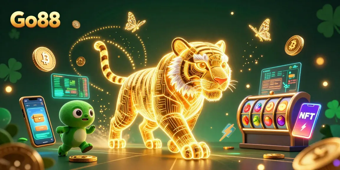Engage with Go88's vibrant casino experience through an artistic depiction of a neon tiger amidst online gaming elements.