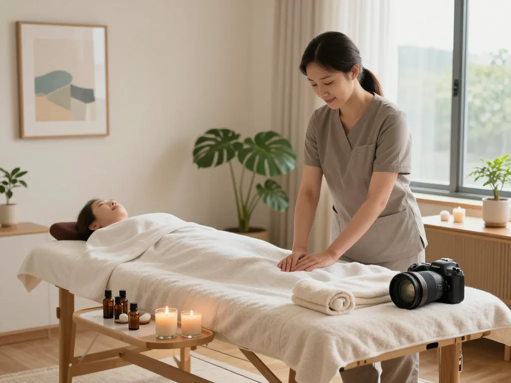 Calming 서울출장마사지 setup with soothing oils and tranquil atmosphere.