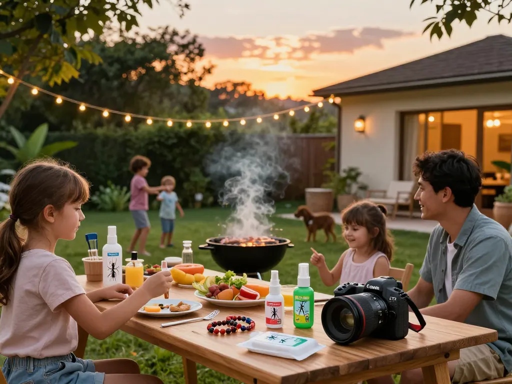 Family using the best mosquito repellent during a summer barbecue in a cozy backyard.