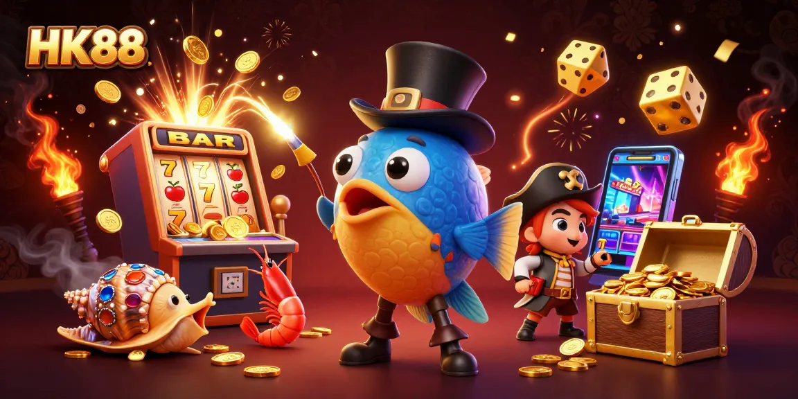 Spin the reels at HK88 with vibrant underwater characters, including an anglerfish and coins.