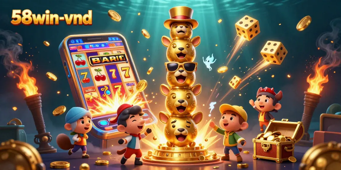 Win big with 58win-vnd in a vibrant casino illustration packed with exciting gaming elements.