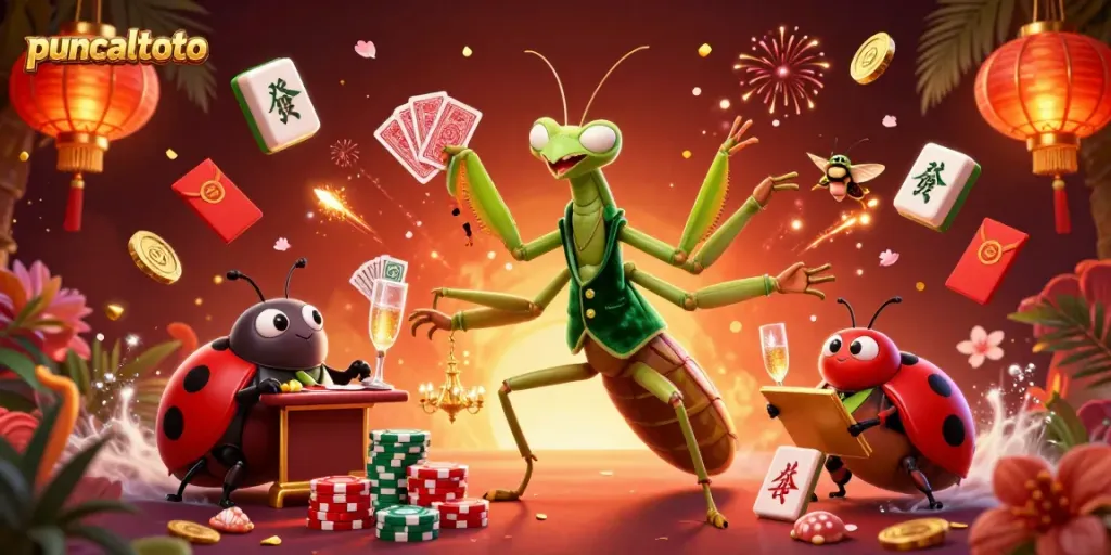 Puncaktoto menampilkan karakter unik dengan elemen judi yang penuh warna dalam ilustrasi menarik.