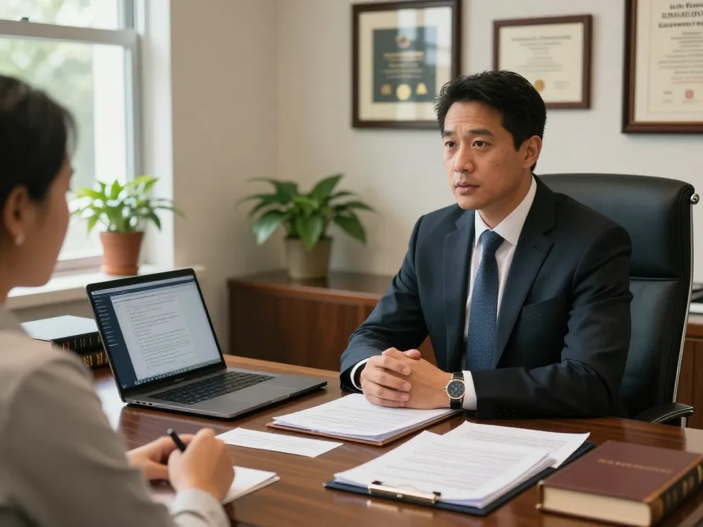 Boca Raton Construction Litigation Lawyer consulting with a client on legal strategies amidst construction contracts and legal documents.
