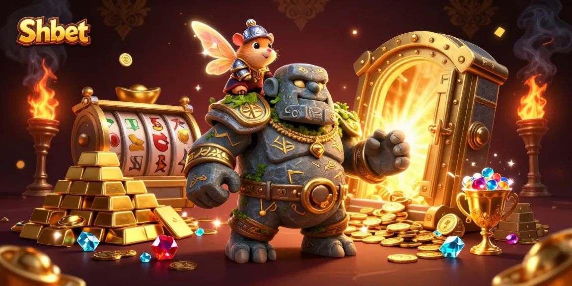 Engage with thrilling Shbet gaming adventures, featuring vibrant characters amid sparkling treasures and slot machines.