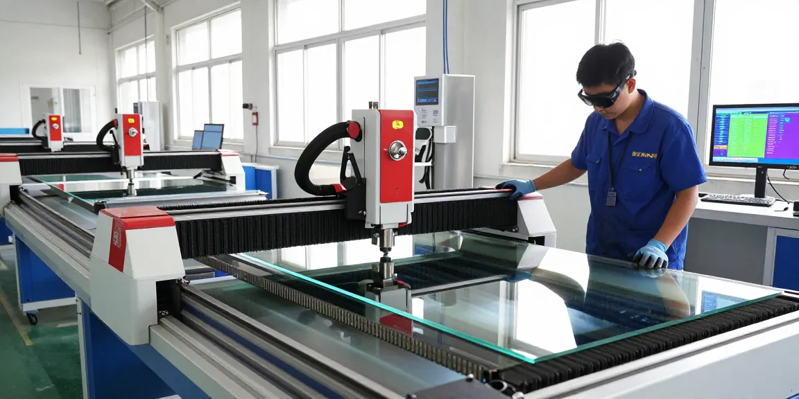 Technician operating a glass cutting machine CNC in a high-tech workshop, showcasing precision tools and bright lighting.