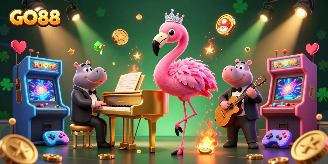 Experience thrilling gaming action at GO88, featuring vibrant 3D cartoon characters and interactive casino elements.