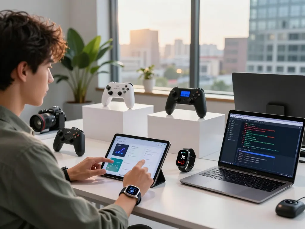 Innovative tech gadgets showcased in a modern workspace during afternoon light.