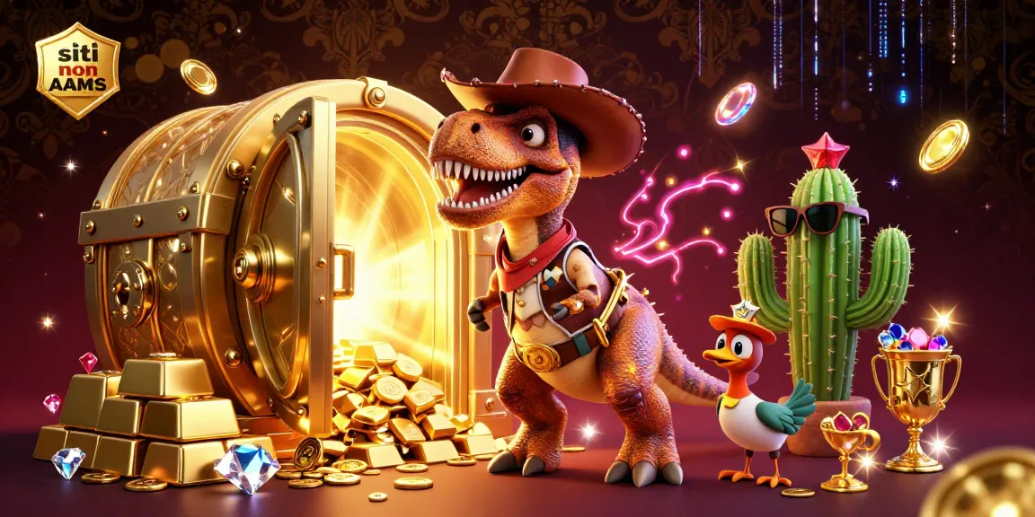 Siti non AAMS presenta un cartone animato di un T-Rex cowboy con tesori ed elementi da casinò, celebrando l'eccitazione del gioco d'azzardo online.