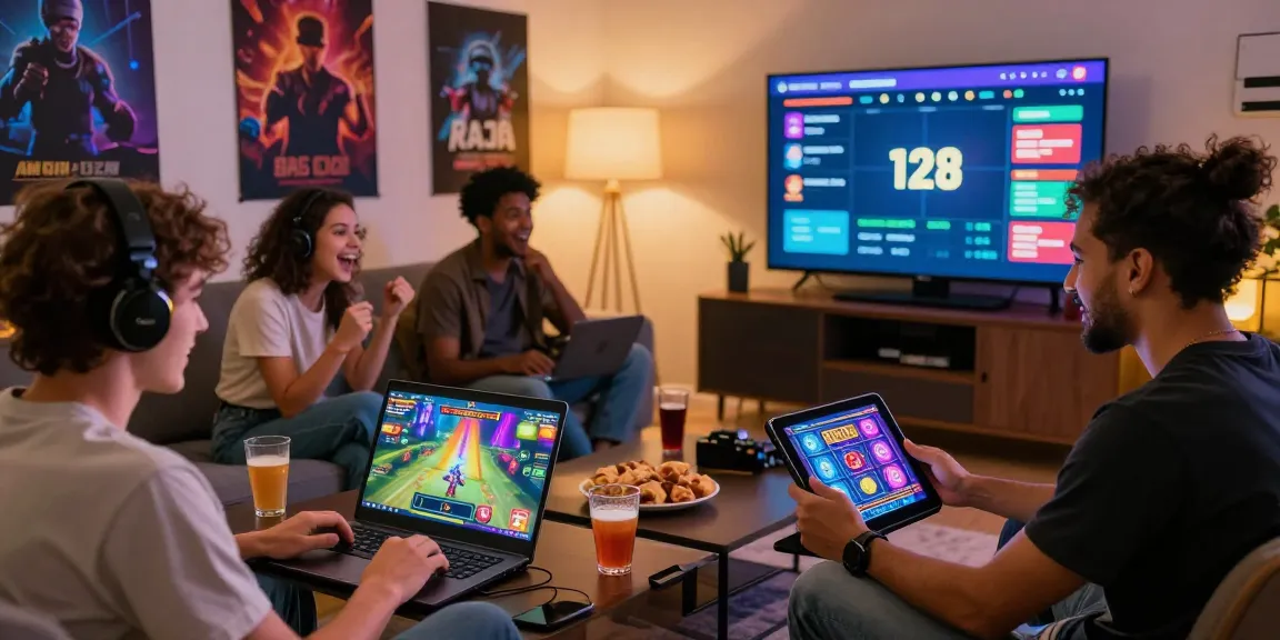 Friends enjoying gaming and slot activities on raja 328 platform in a cozy atmosphere.