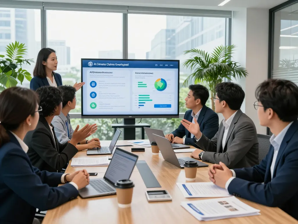 Team discussing the overhyped AI climate claims, engaging in research and data analysis