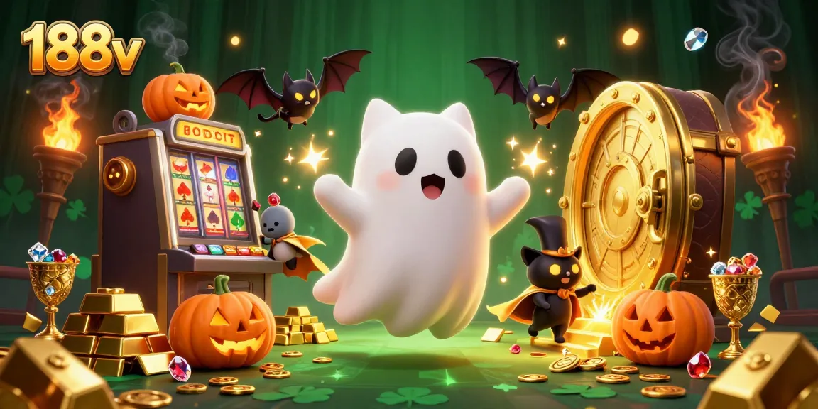 Experience thrilling gaming at 188v with a ghost cat and treasure-filled scene in a haunted casino.