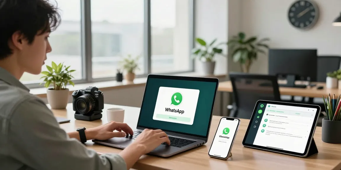 Engaging workspace scene of a professional downloading WhatsApp下載 on multiple devices in a modern office.